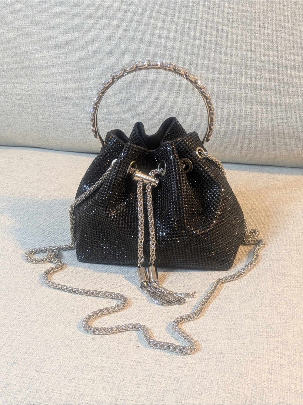 Y2K Black Rhinestone Crystal Bucket Bag Mini Crossbody Evening Purse